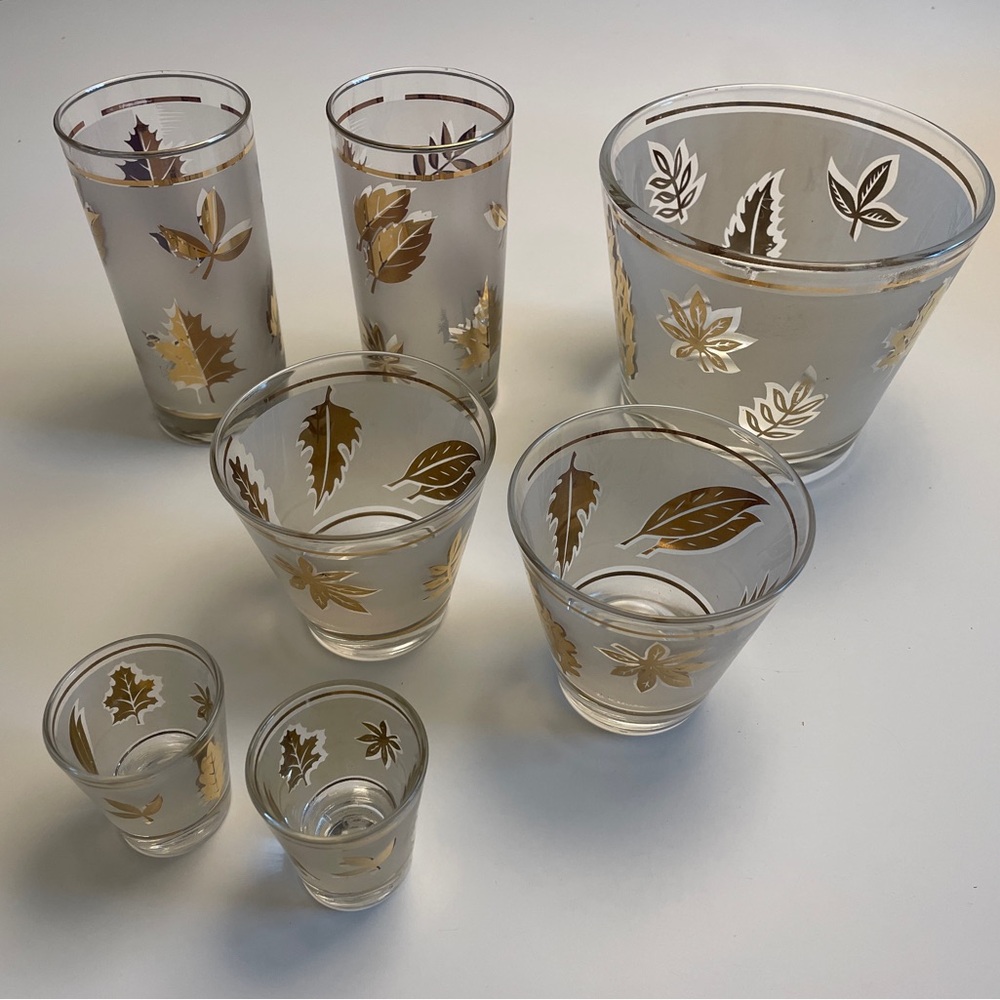 Vintage Libbey Golden Foliage Glassware Set MCM Gold Leaf Ice Bucket 7pc - Picture 3 of 11
